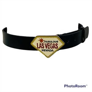 Fabulous Las Vegas Nevada Enameled Buckle Black Belt Souvenir Size S/M with Flaw
